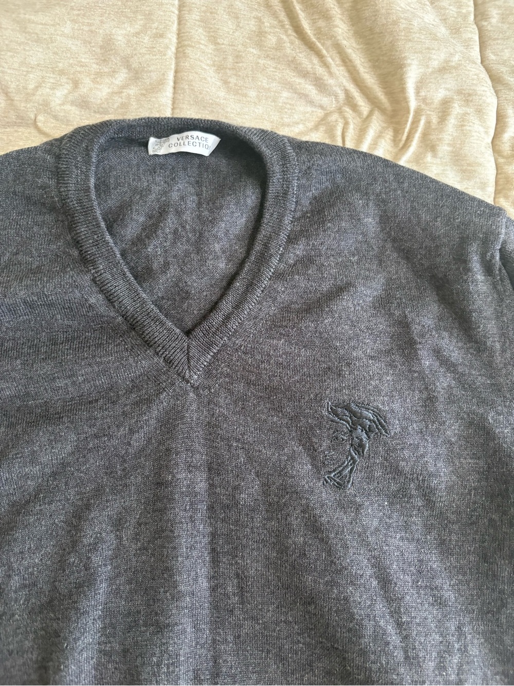Versace Charcoal Gray V-Neck Sweater with Embroidered Logo